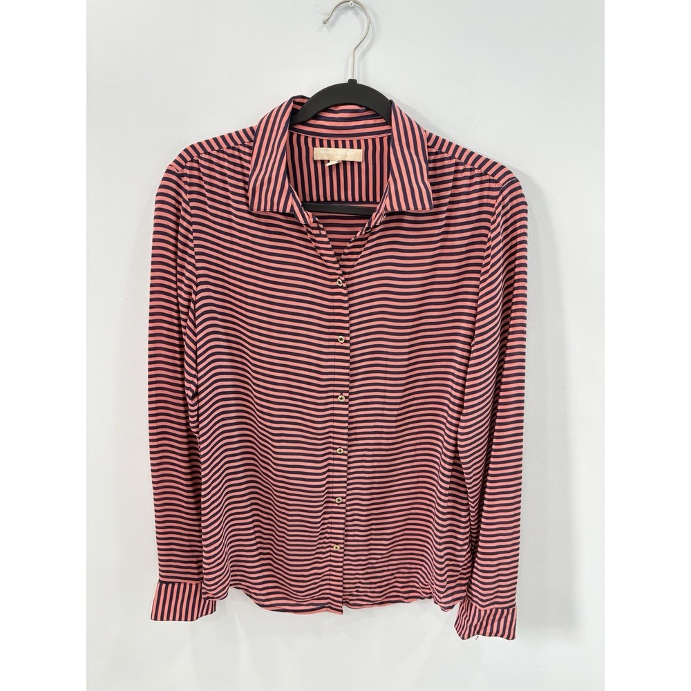 Banana Republic Womens 100% Silk Blouse Medium Pink Navy Striped Sheer - Picture 1 of 10